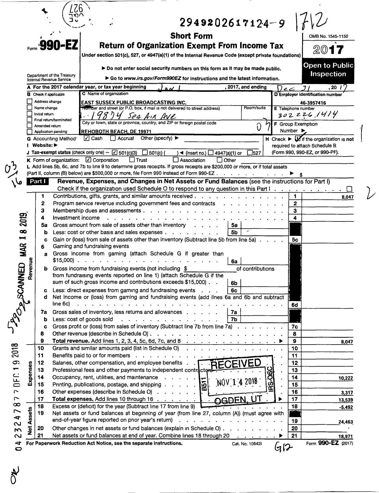 Image of first page of 2017 Form 990EZ for East Sussex Public Broadcasting Incorporated