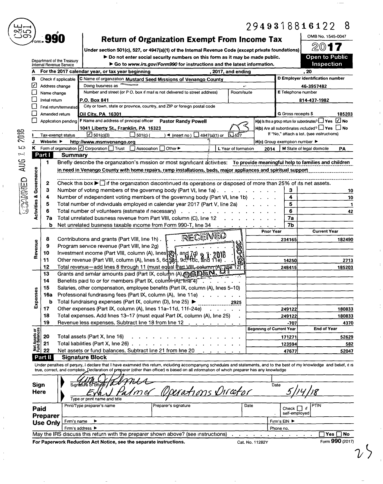 Image of first page of 2017 Form 990 for Mustard Seed Missions of Venango County