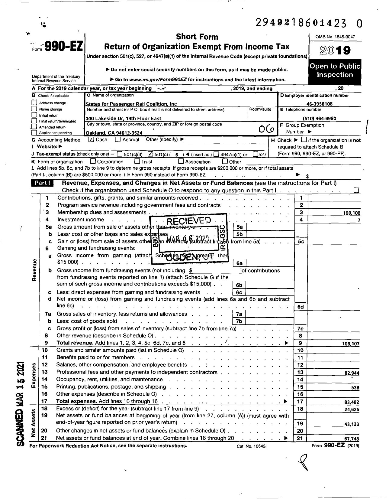 Image of first page of 2019 Form 990EO for States for Passenger Rail Coalition