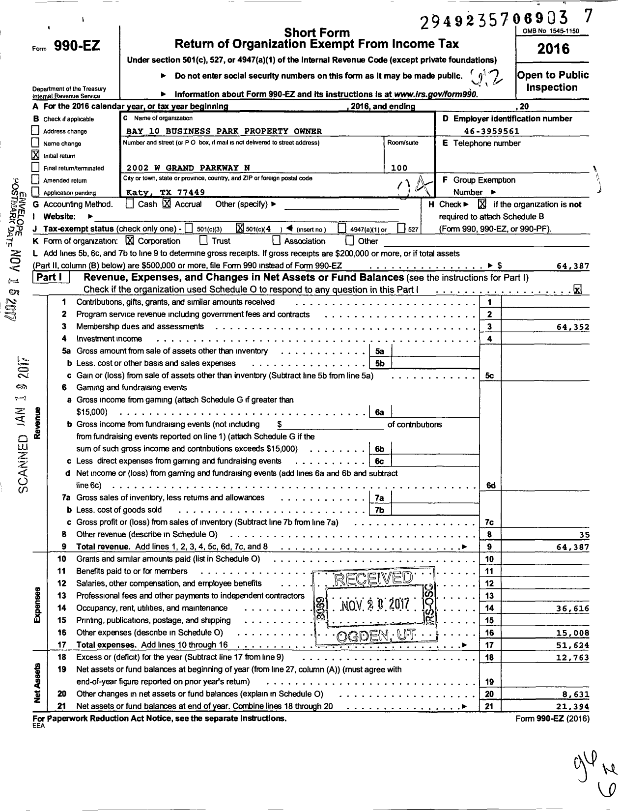 Image of first page of 2016 Form 990EO for Bay 10 Business Park Property Owner