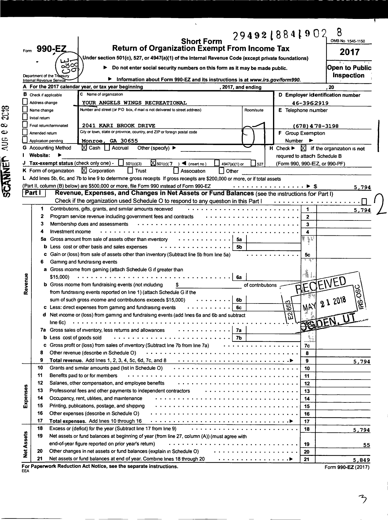 Image of first page of 2017 Form 990EO for Your Angels Wings Recreational