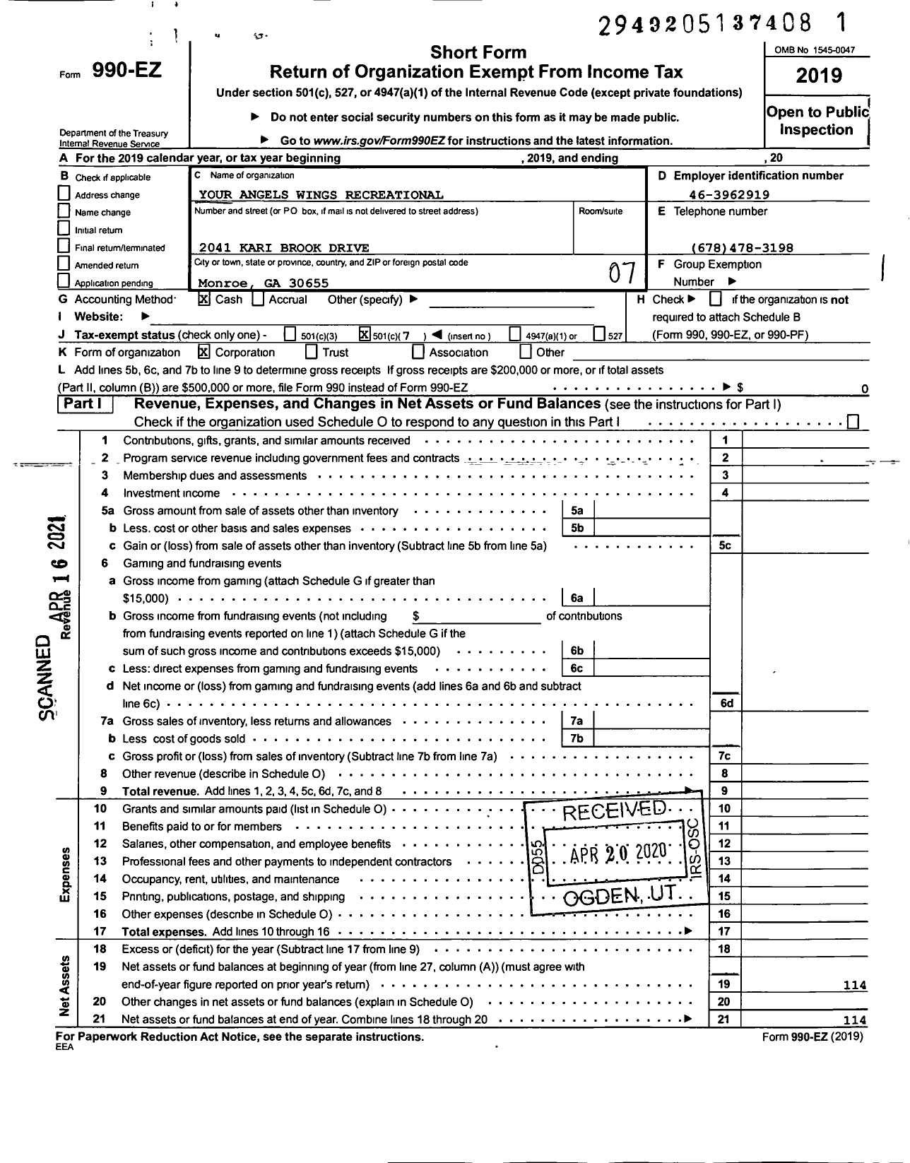 Image of first page of 2019 Form 990EO for Your Angels Wings Recreational