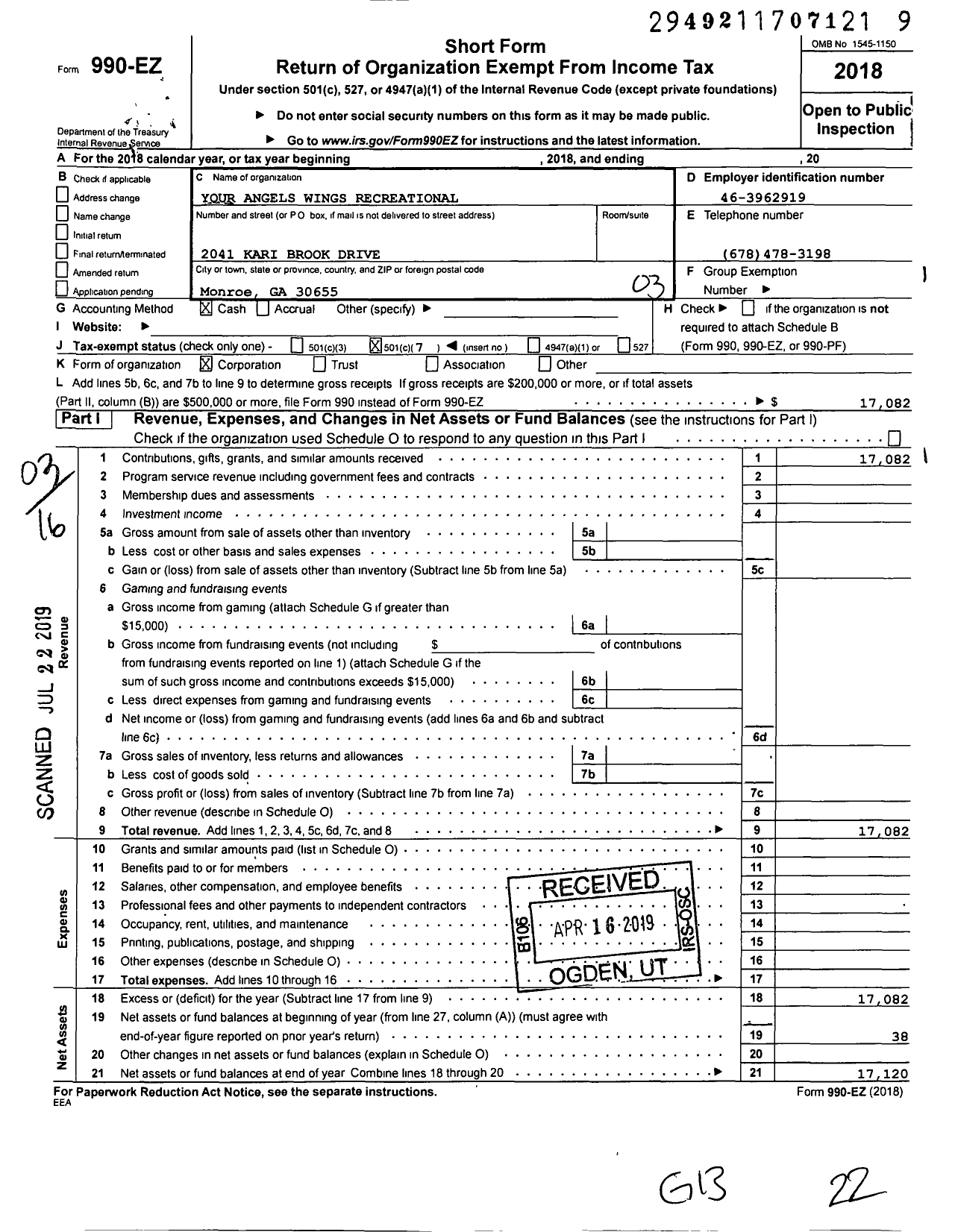 Image of first page of 2018 Form 990EZ for Your Angels Wings Recreational