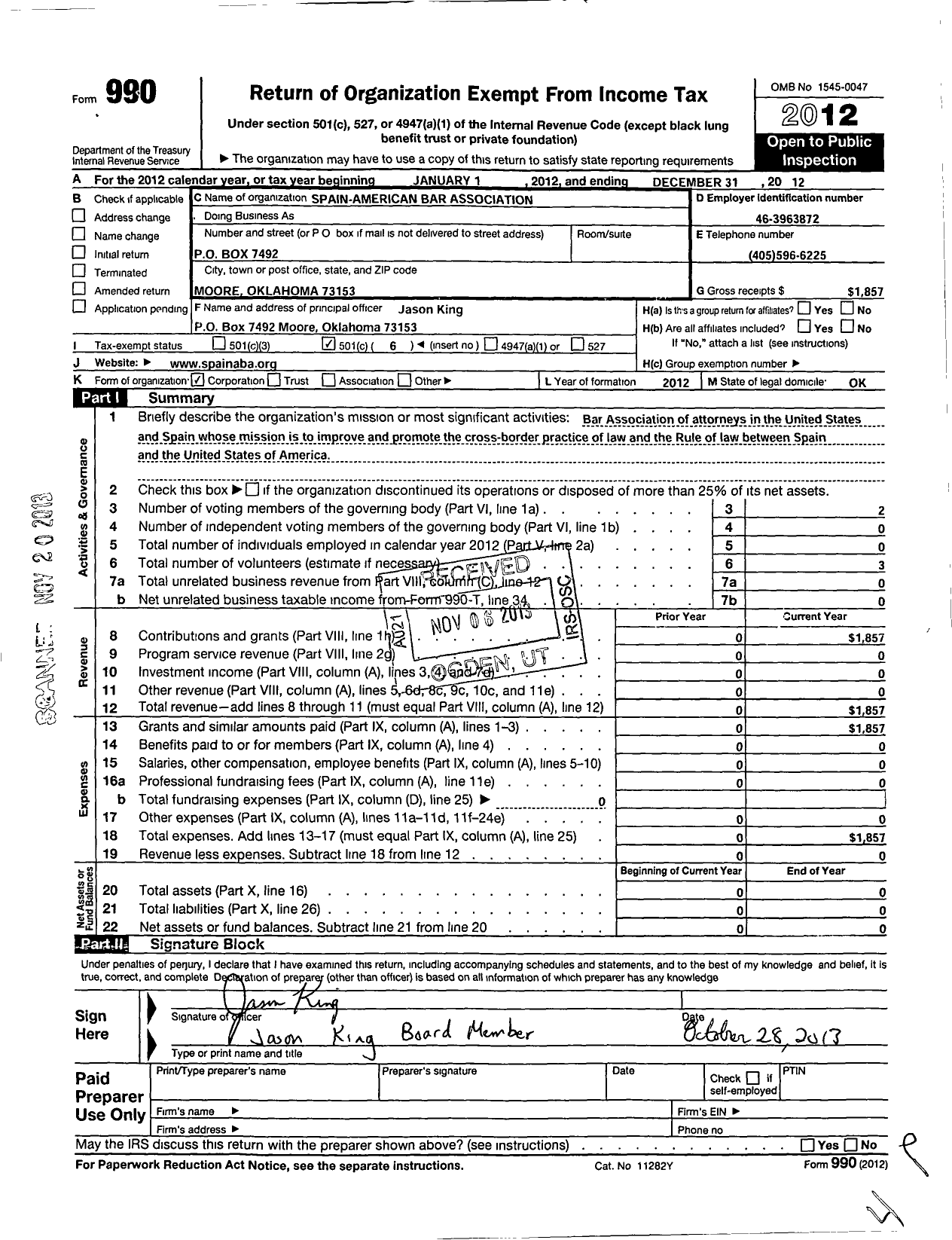 Image of first page of 2012 Form 990O for Spain American Bar Association