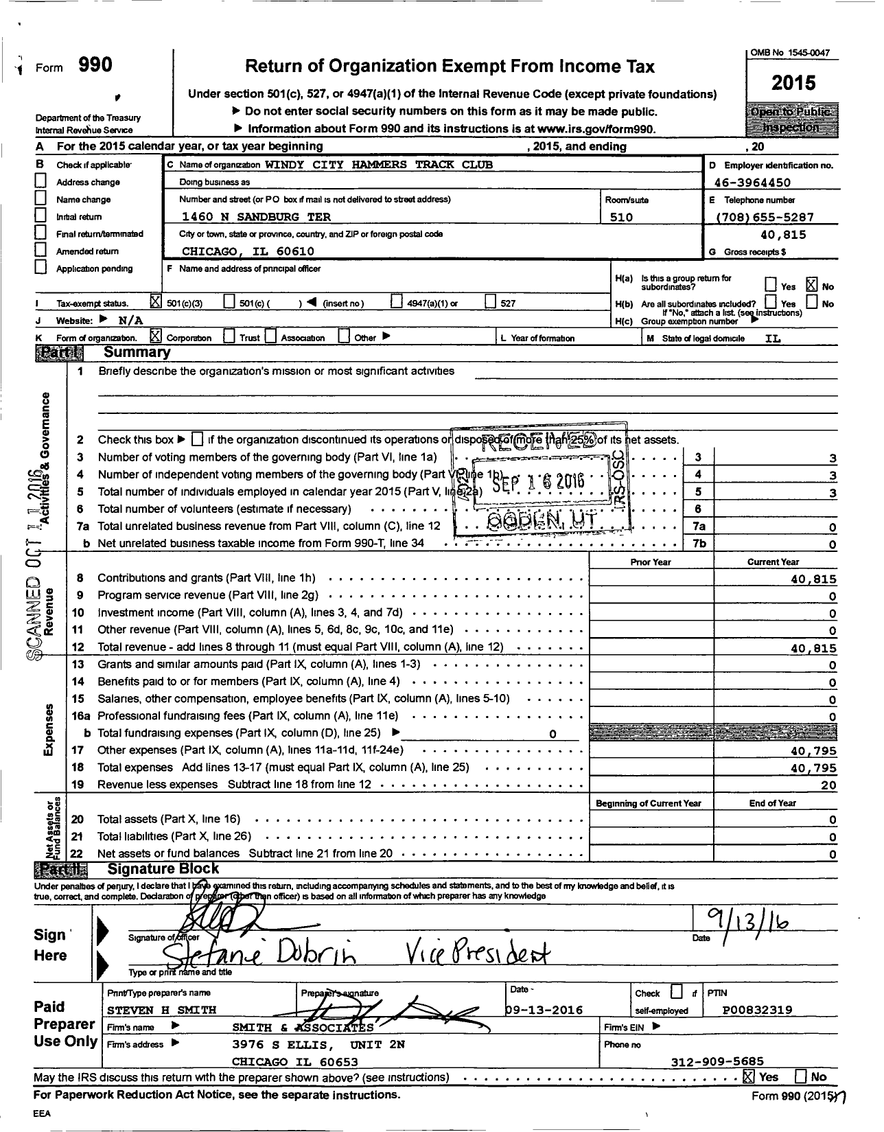 Image of first page of 2015 Form 990 for Windy City Hammers Track Club