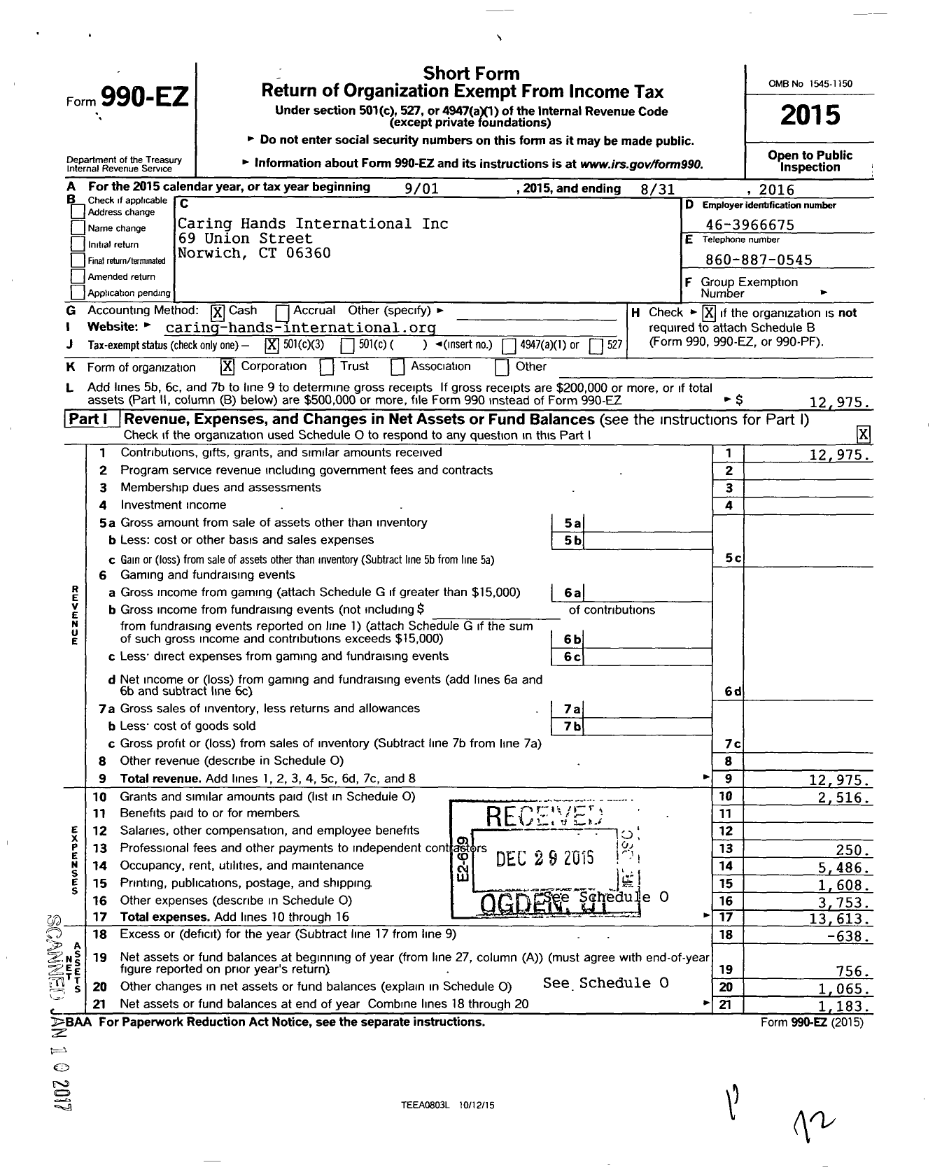 Image of first page of 2015 Form 990EZ for Caring Hands International Incooperated