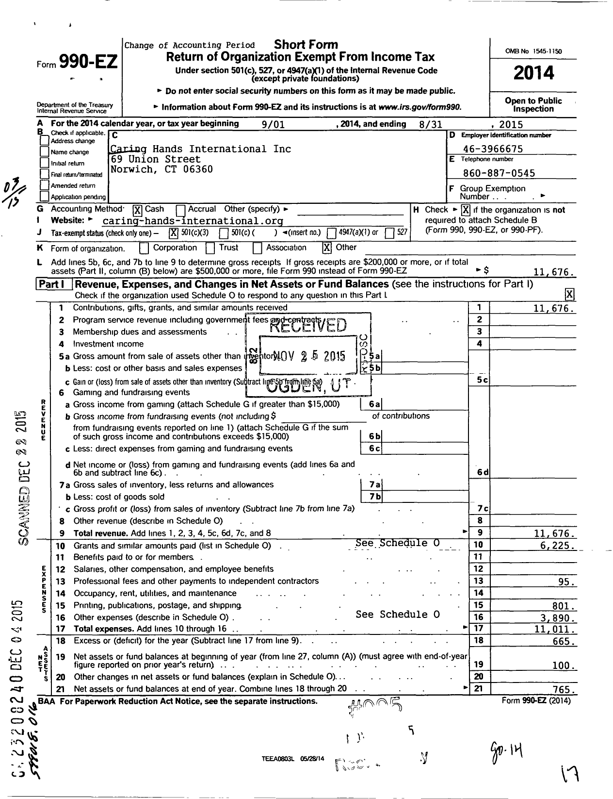 Image of first page of 2014 Form 990EZ for Caring Hands International Incooperated