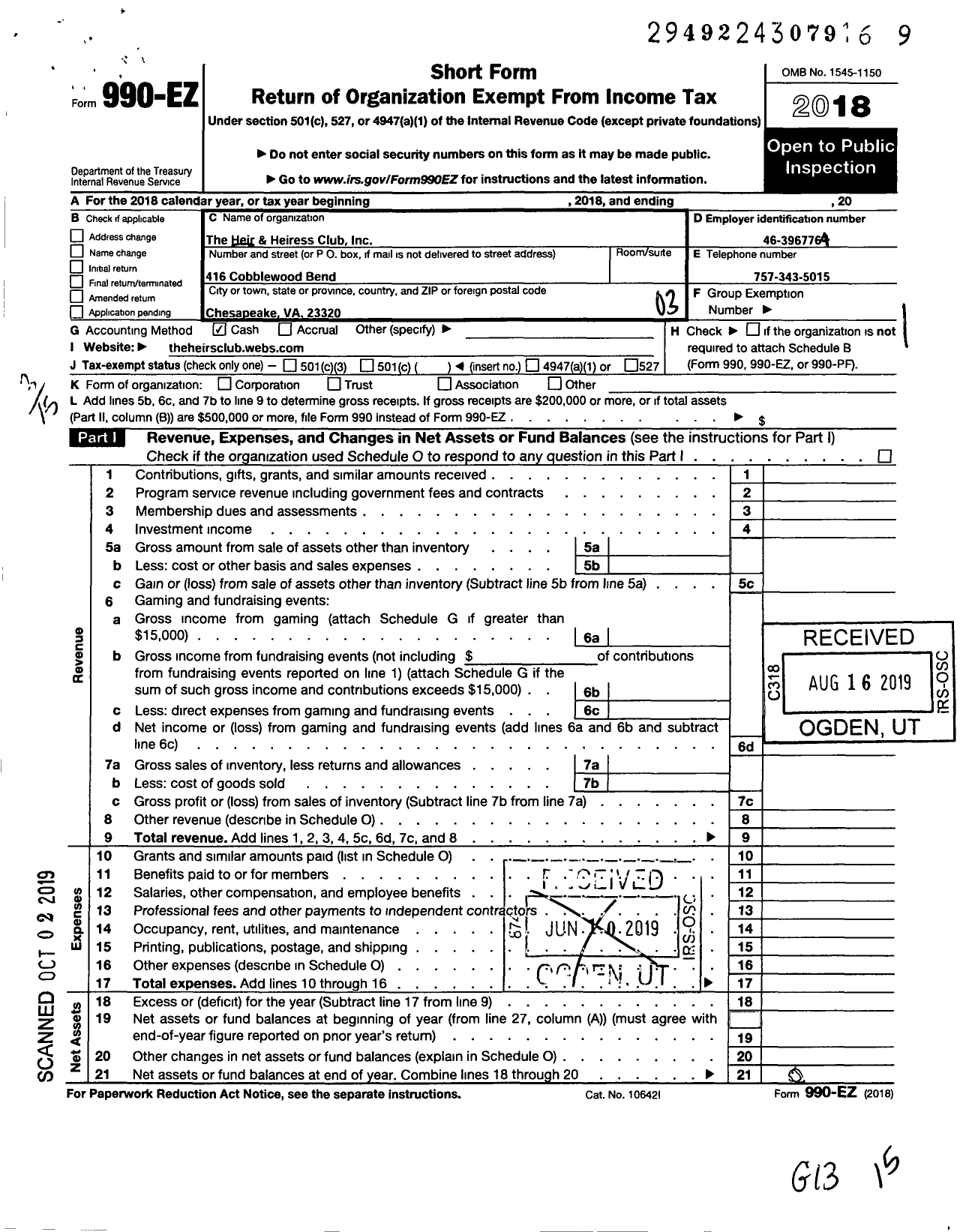 Image of first page of 2018 Form 990EZ for Heir and Heiress Club