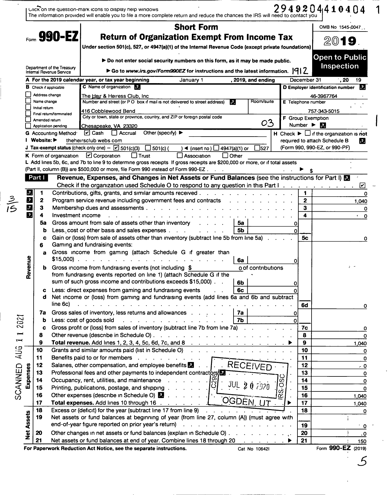 Image of first page of 2019 Form 990EZ for Heir and Heiress Club