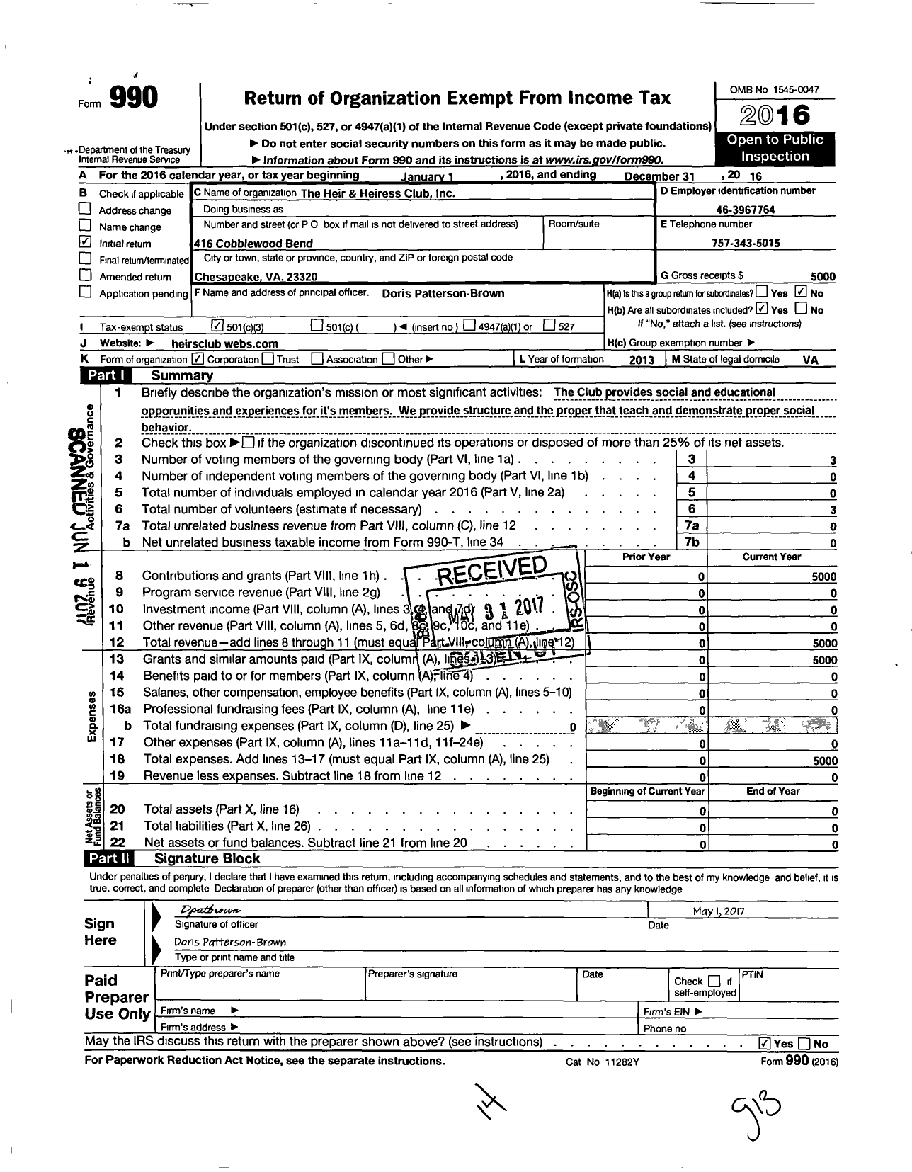 Image of first page of 2016 Form 990 for Heir and Heiress Club