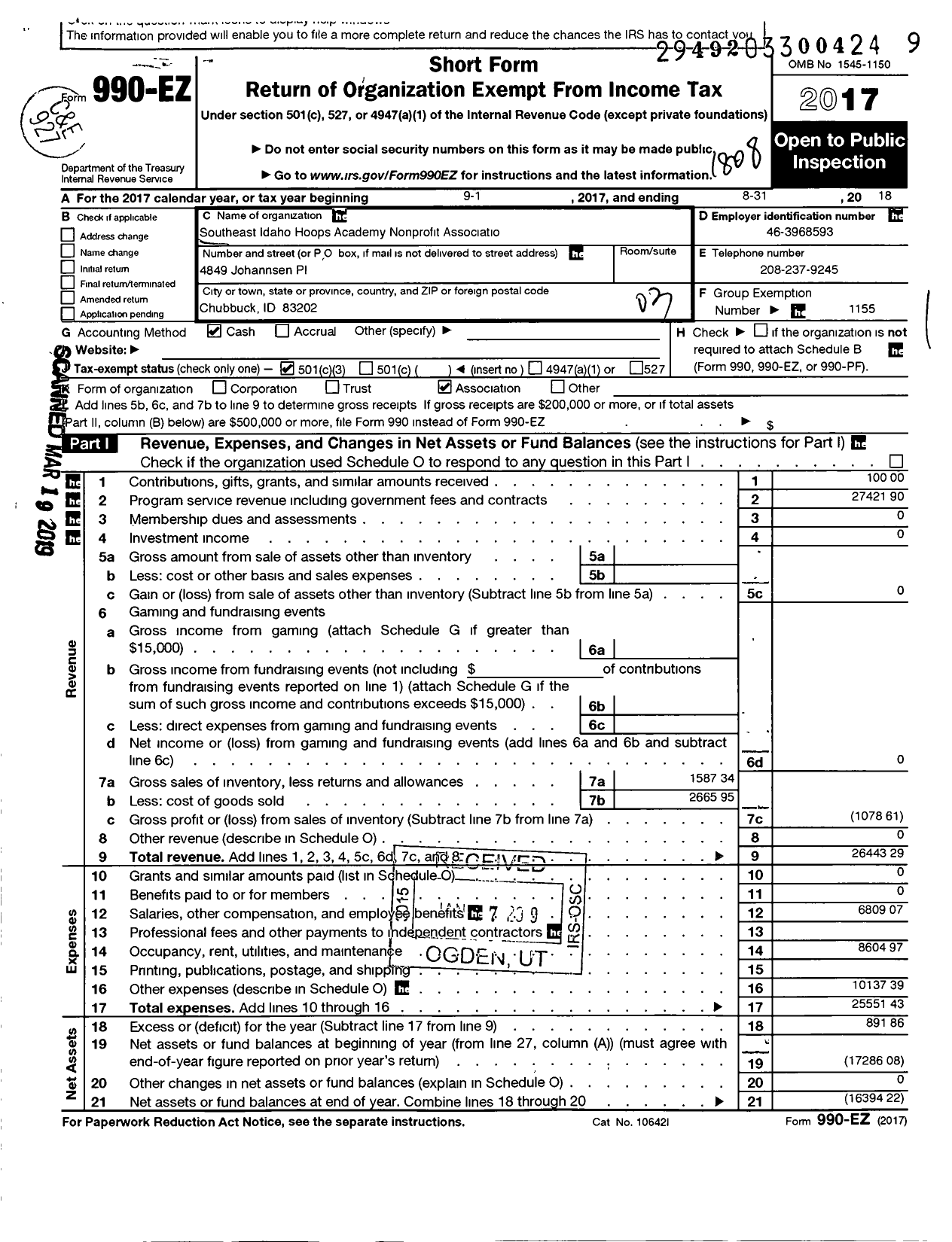 Image of first page of 2017 Form 990EZ for Amateur Athletic Union - Southeast Idaho Hoops Academy