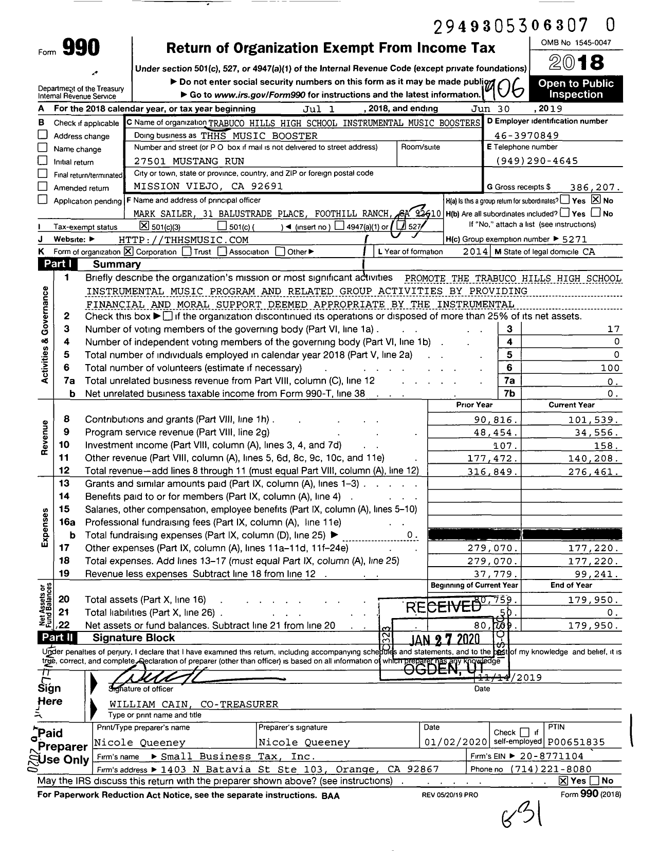 Image of first page of 2018 Form 990 for THHS Music Boosters