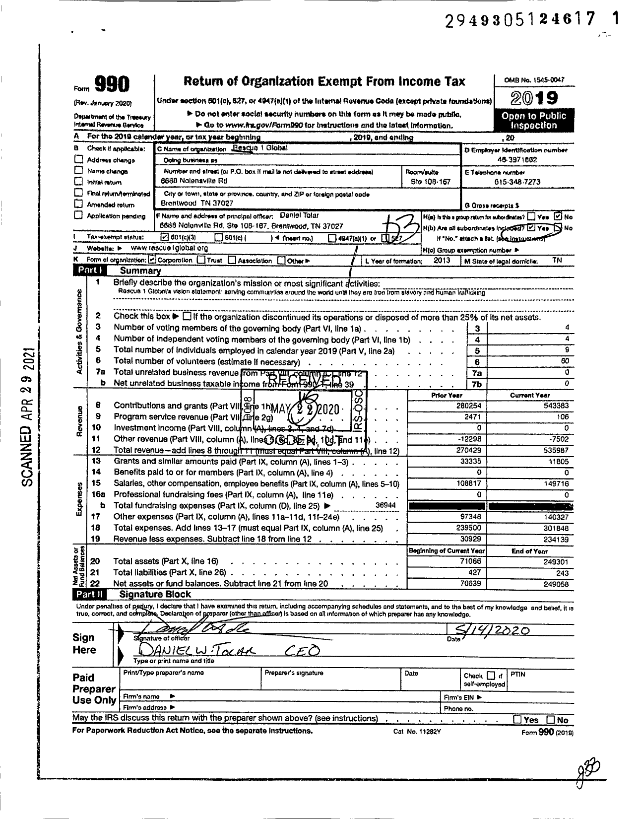 Image of first page of 2019 Form 990 for Rescue 1 Global