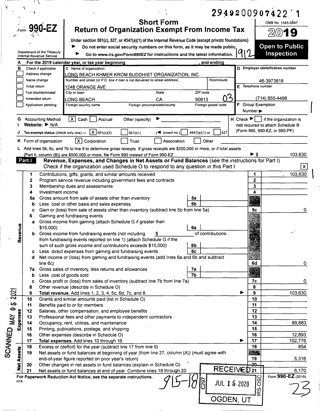 Image of first page of 2019 Form 990EZ for Long Beach Khmer Krom Buddhist Organization