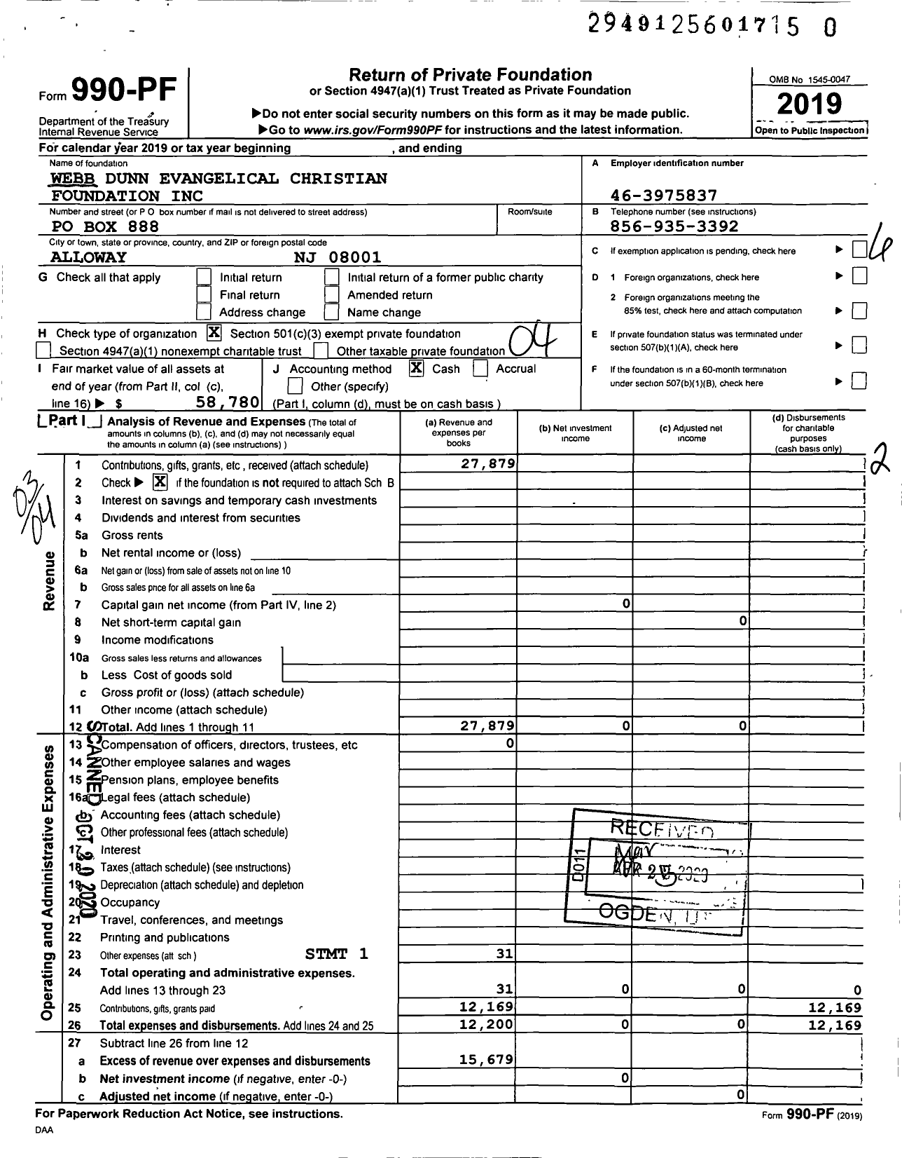 Image of first page of 2019 Form 990PR for Webb Dunn Evangelical Christian Foundation