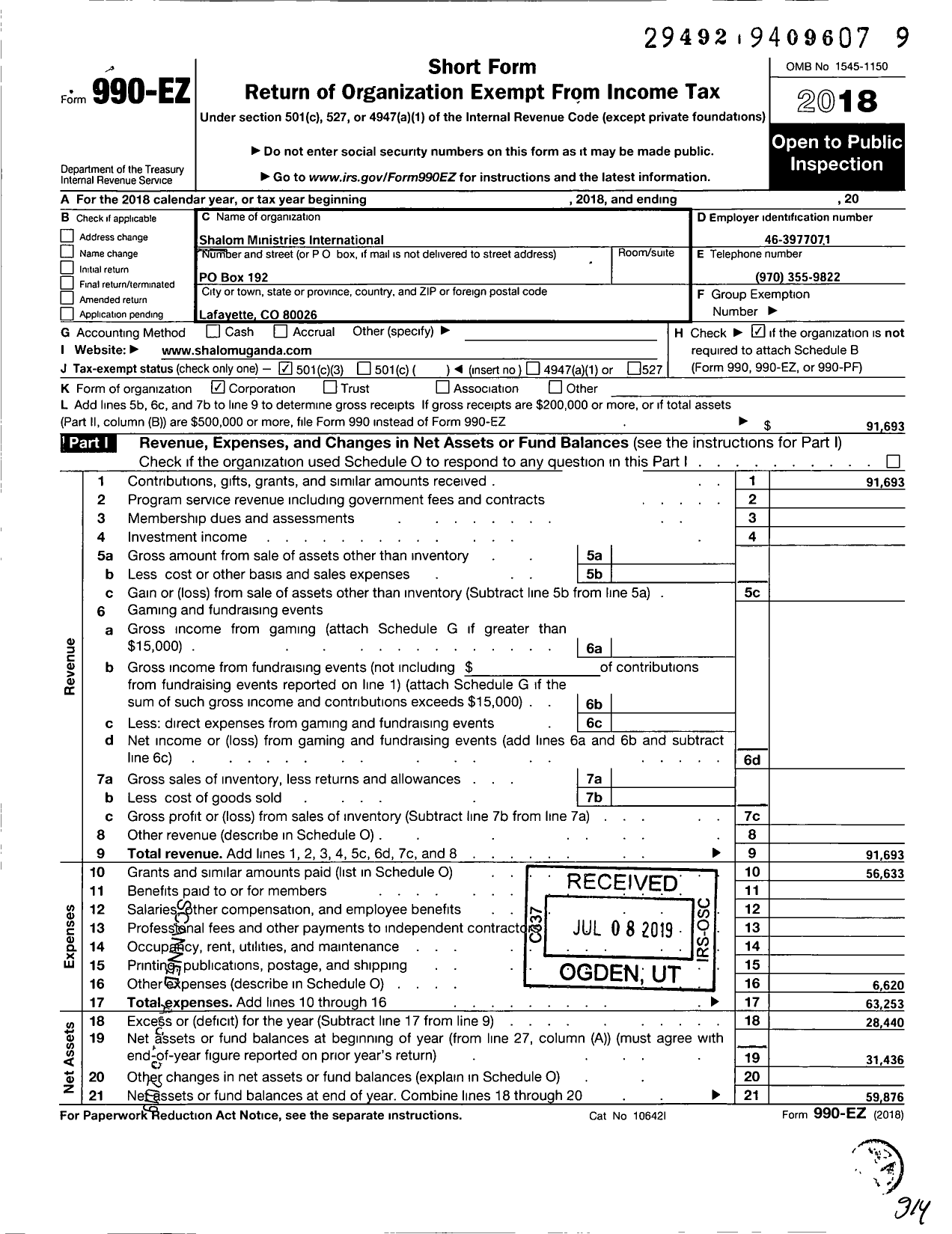 Image of first page of 2018 Form 990EZ for Shalom Ministries International