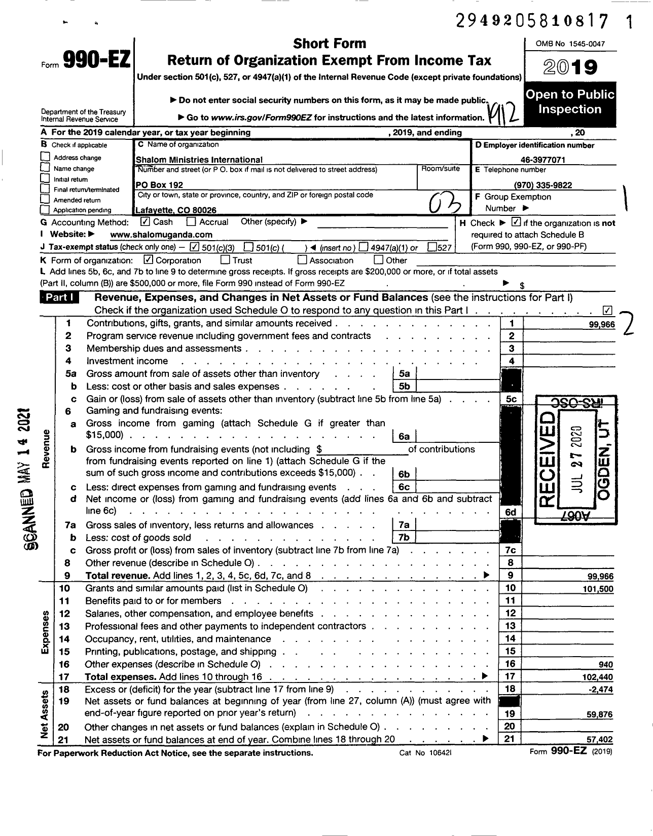 Image of first page of 2019 Form 990EZ for Shalom Ministries International