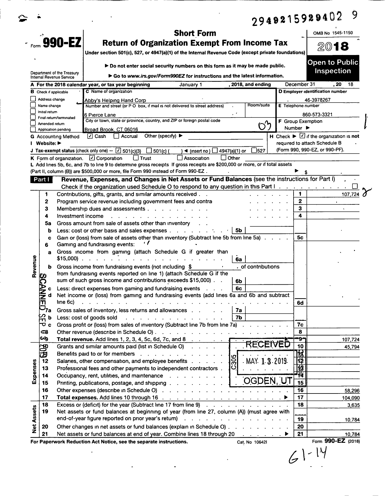 Image of first page of 2018 Form 990EZ for Abbys Helping Hand Corporation