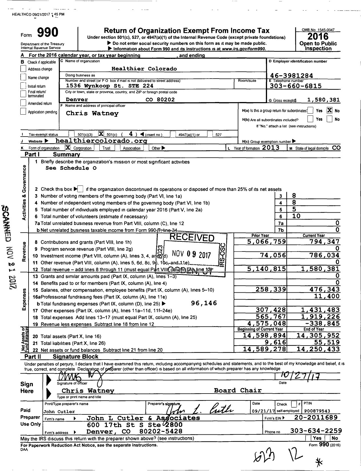 Image of first page of 2016 Form 990O for Healthier Colorado