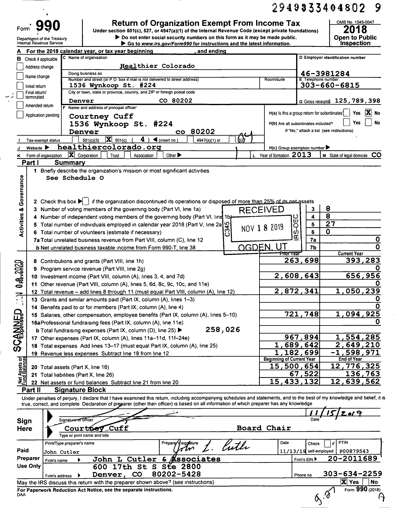 Image of first page of 2018 Form 990O for Healthier Colorado