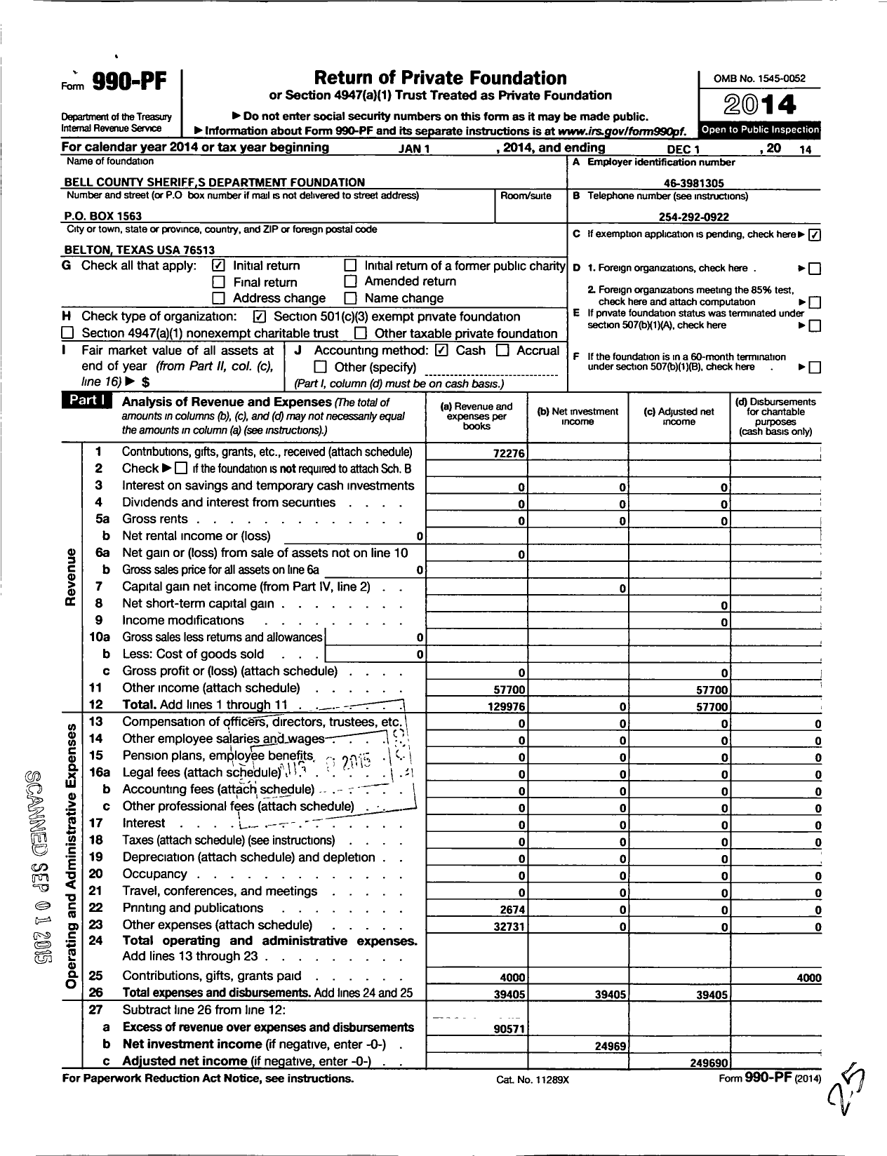 Image of first page of 2014 Form 990PF for Bell County Sheriff's Department Foundation