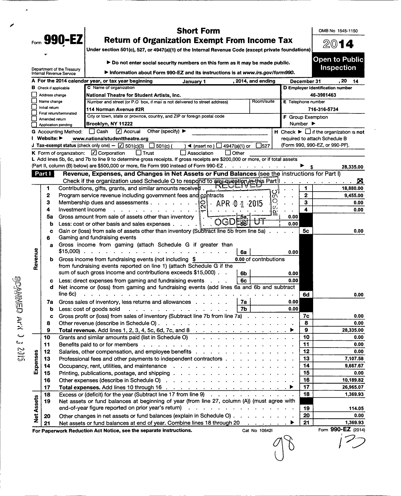 Image of first page of 2014 Form 990EZ for National Theatre for Student Artists