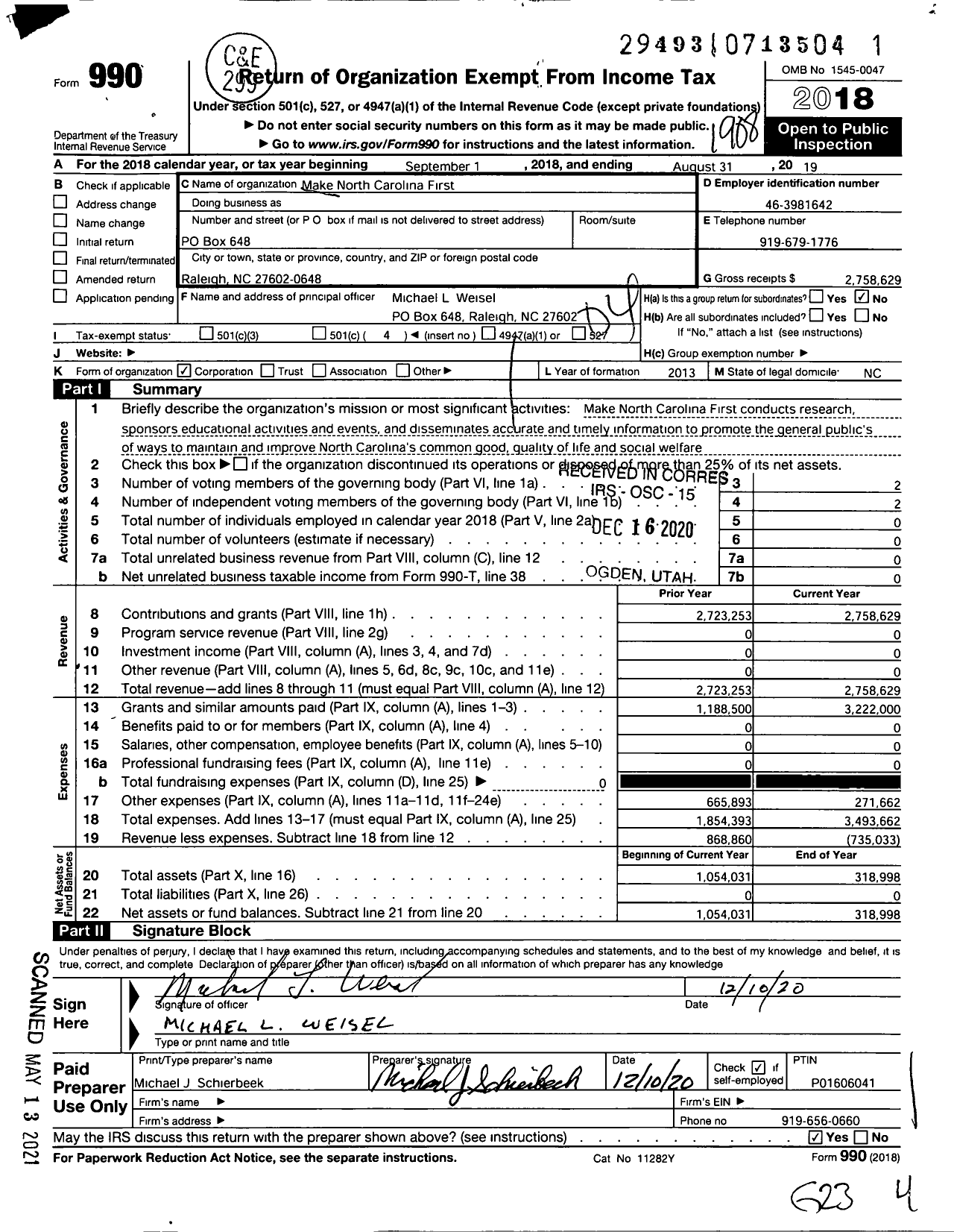 Image of first page of 2018 Form 990O for Make North Carolina First