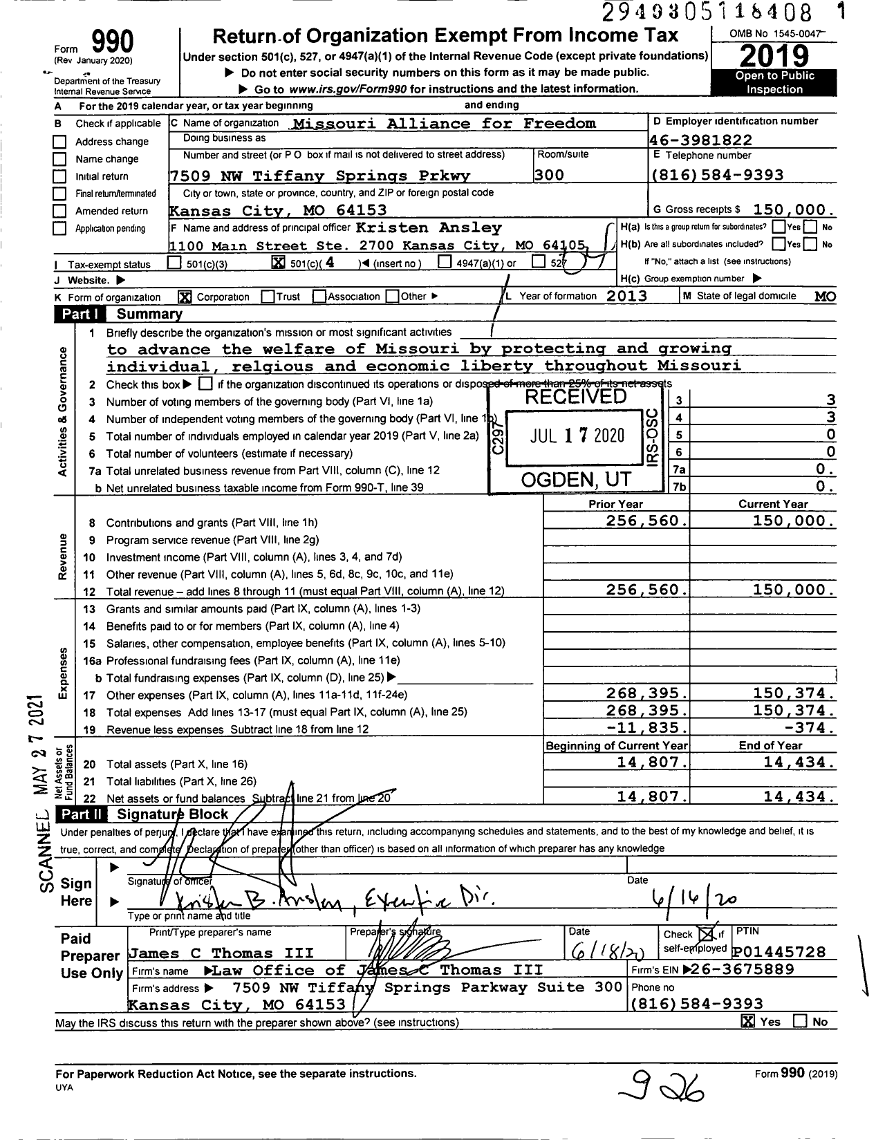 Image of first page of 2019 Form 990O for Missouri Alliance for Freedom