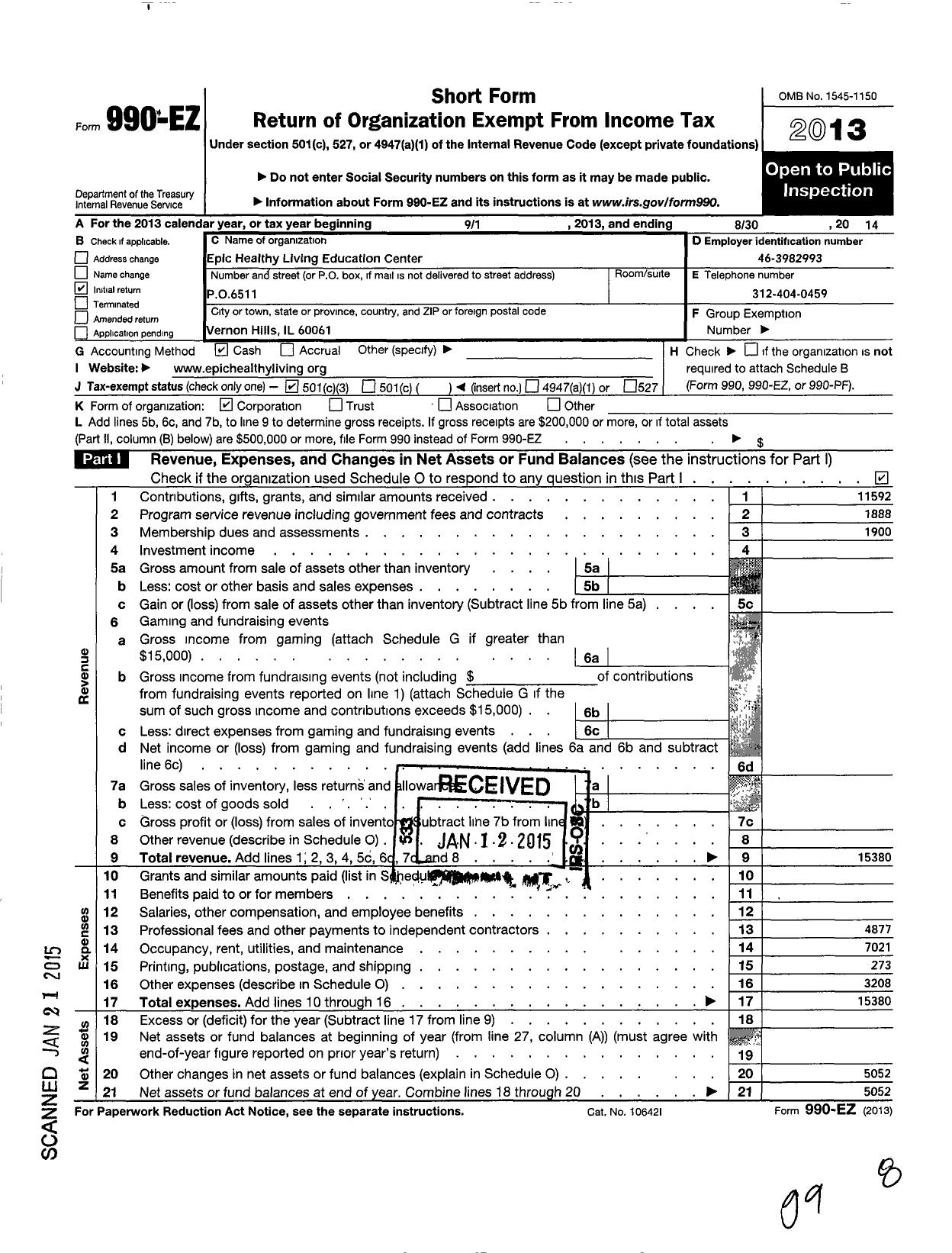 Image of first page of 2013 Form 990EZ for Epic Healthy Living Education Center