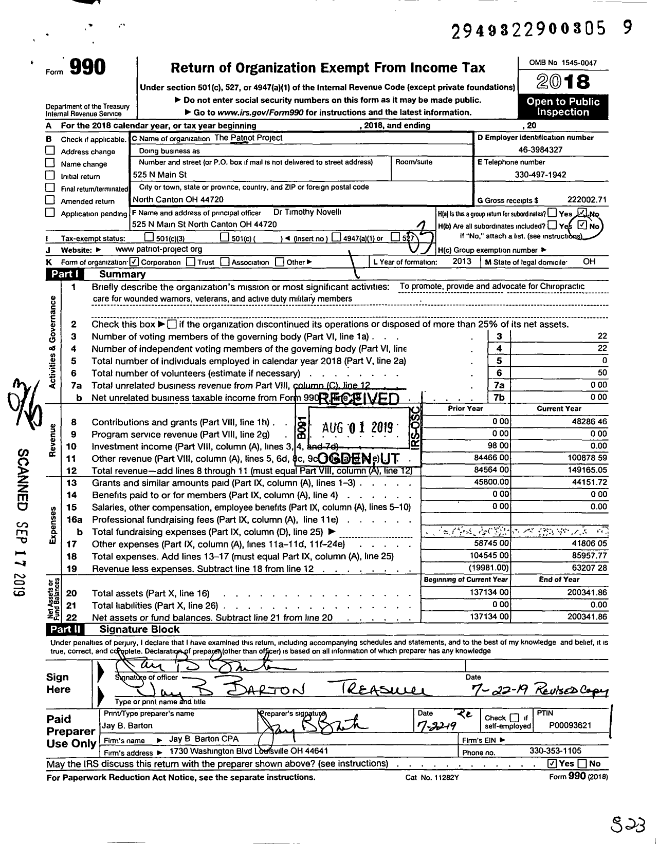 Image of first page of 2018 Form 990 for The Patriot Project