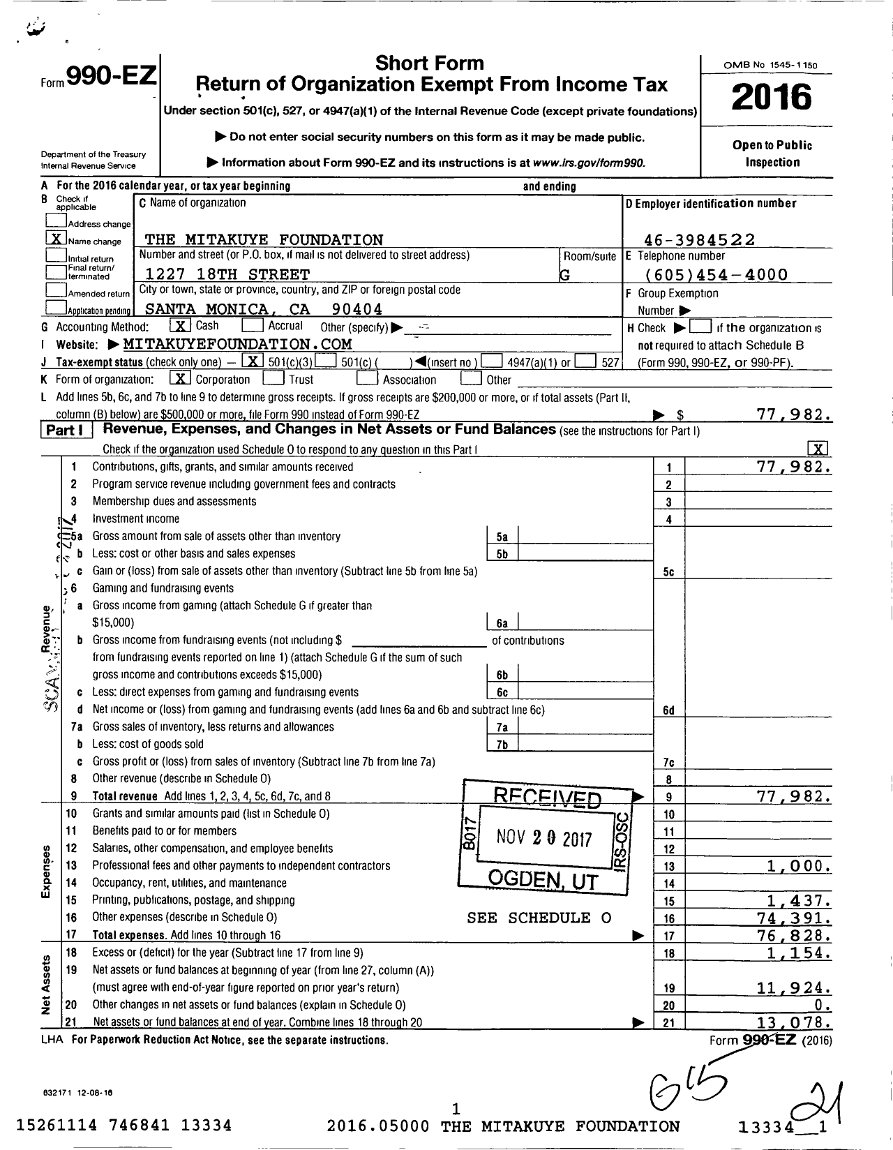 Image of first page of 2016 Form 990EZ for Mitakuye Foundation