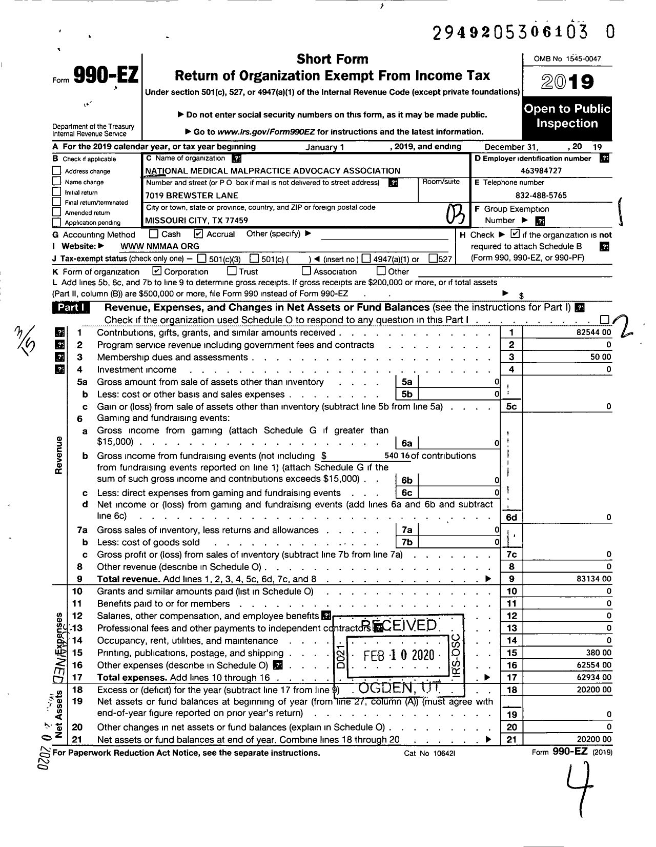 Image of first page of 2019 Form 990EZ for National Medical Malpractice Advocacy Association