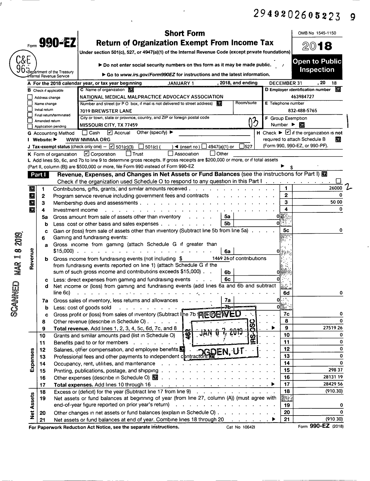 Image of first page of 2018 Form 990EZ for National Medical Malpractice Advocacy Association