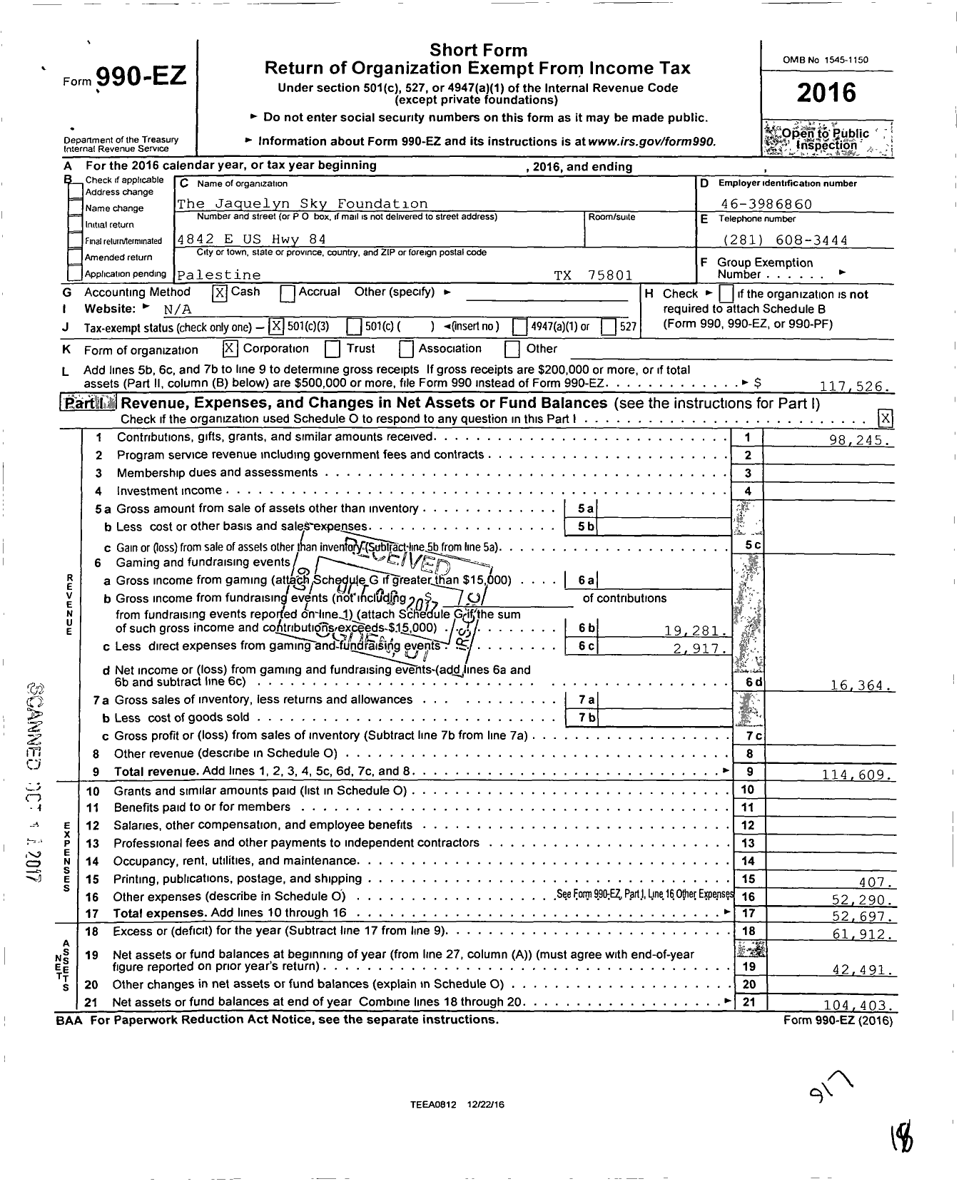 Image of first page of 2016 Form 990EZ for Jaquelyn Sky Foundation