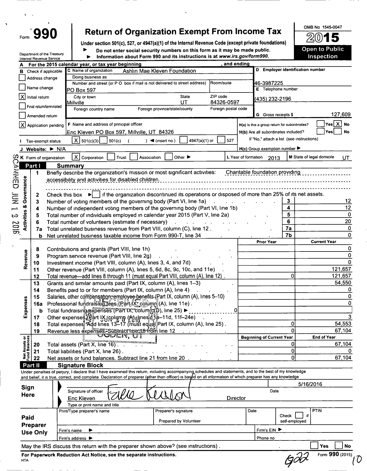 Image of first page of 2015 Form 990 for Ashlin Mae Kleven Foundation
