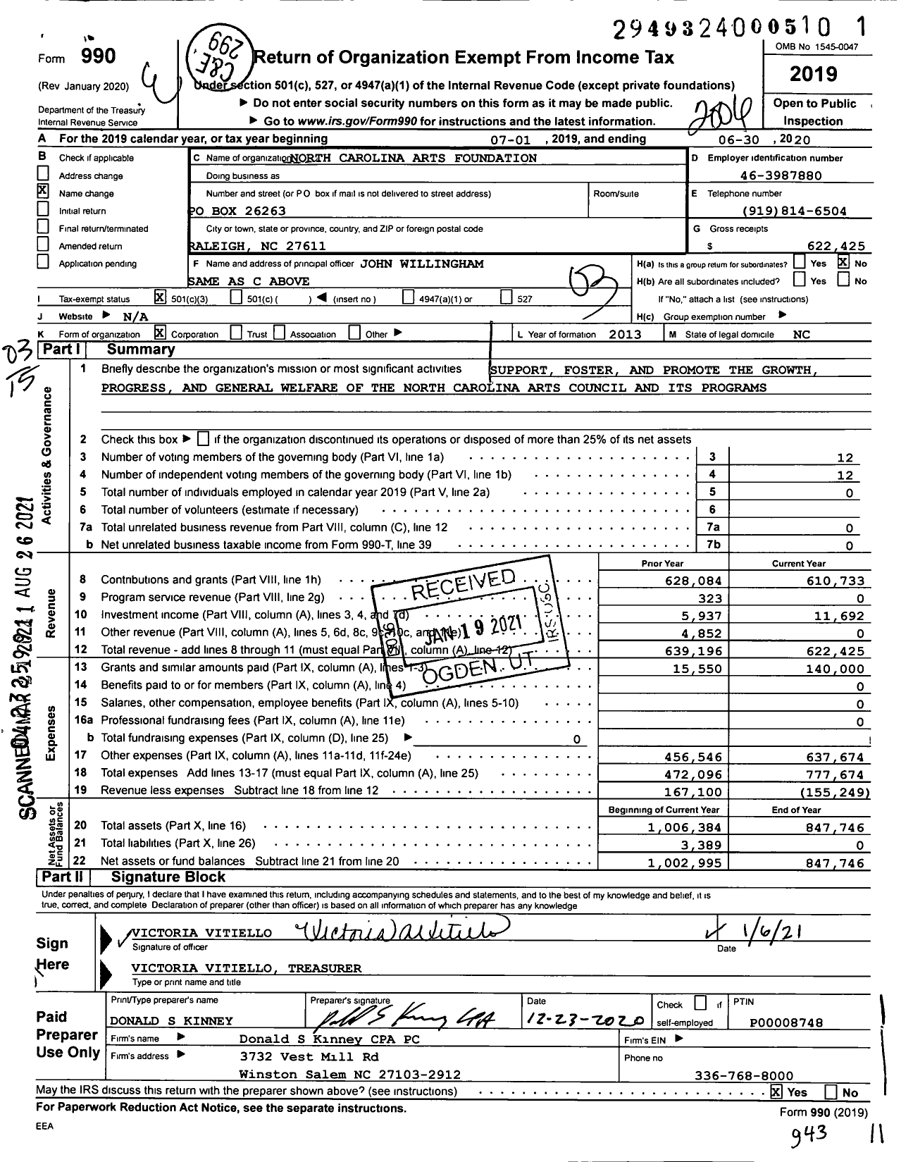 Image of first page of 2019 Form 990 for North Carolina Arts Foundation