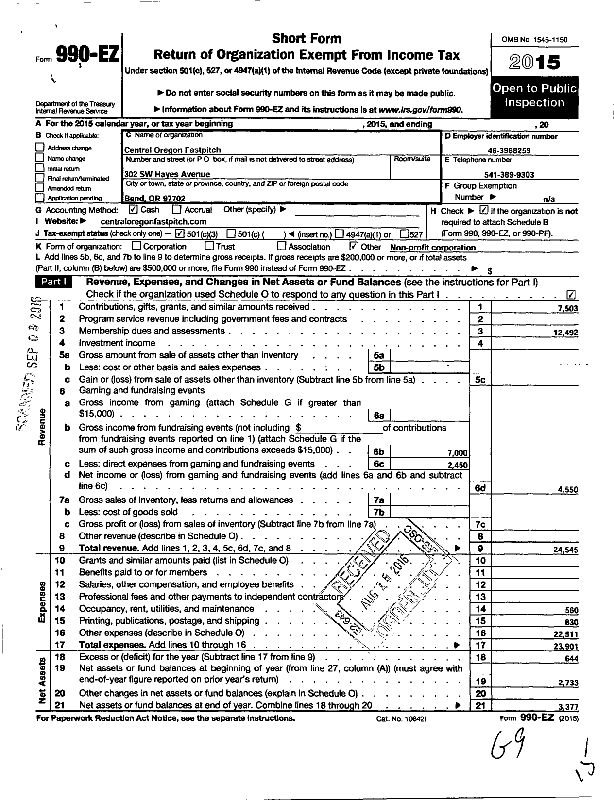 Image of first page of 2015 Form 990EZ for Central Oregon Fastpitch