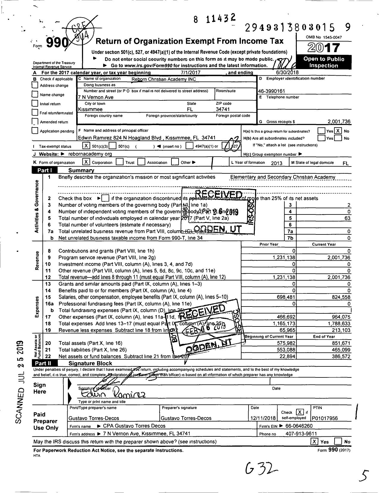 Image of first page of 2017 Form 990 for Reborn Christian Academy