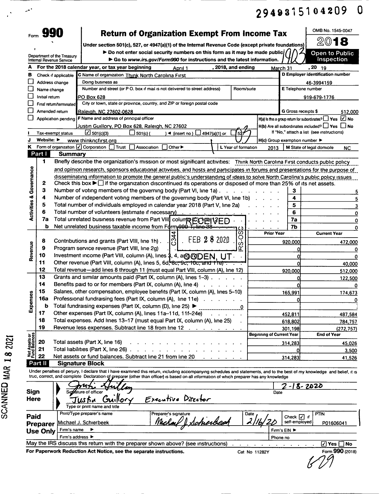 Image of first page of 2018 Form 990 for Think North Carolina First