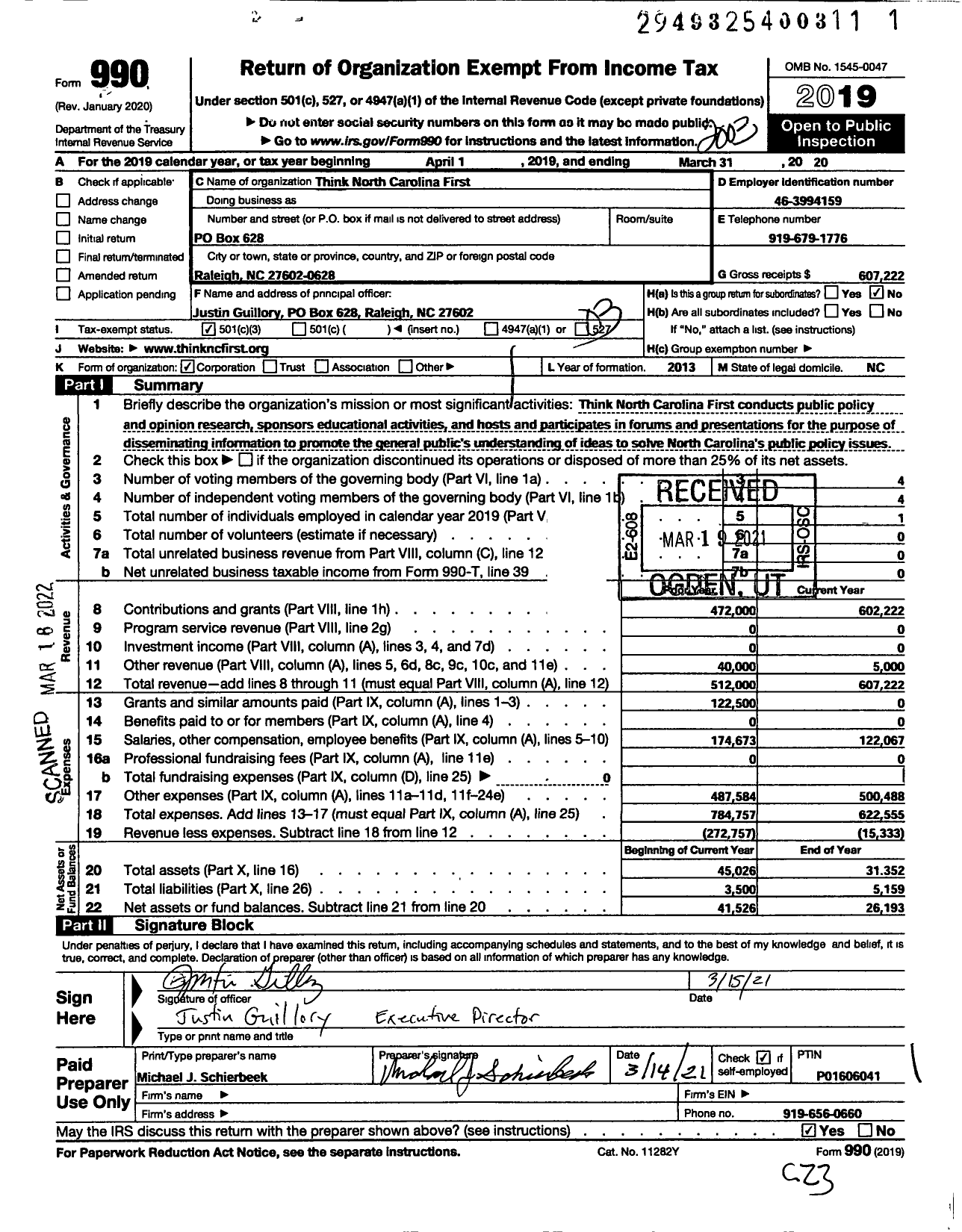 Image of first page of 2019 Form 990 for Think North Carolina First