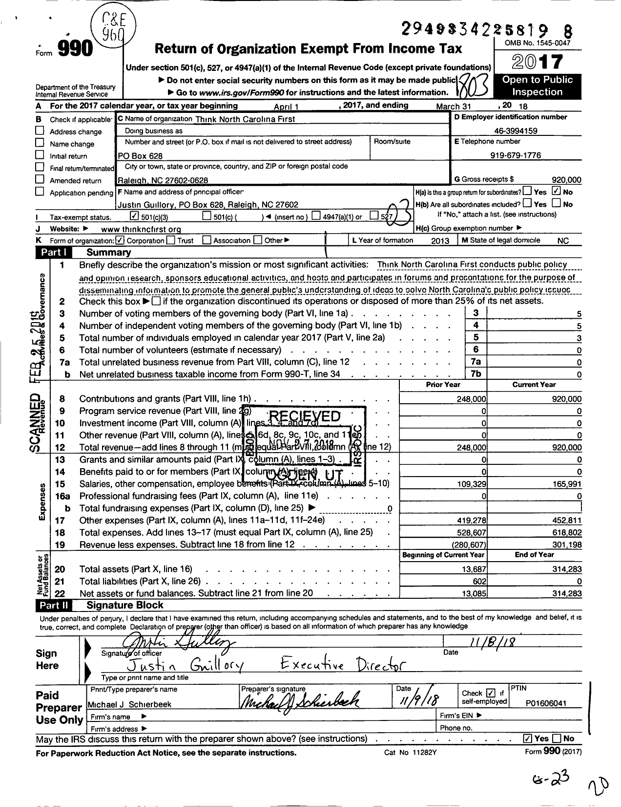 Image of first page of 2017 Form 990 for Think North Carolina First