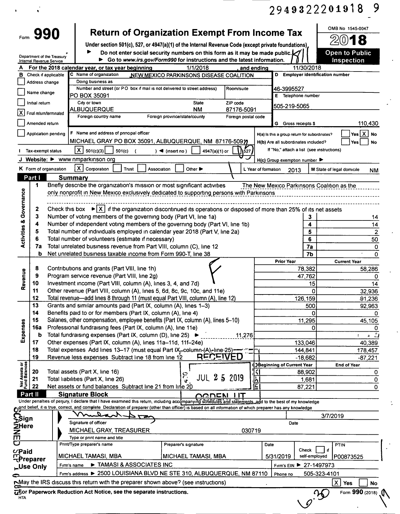 Image of first page of 2017 Form 990 for New Mexico Parkinsons Disease Coalition