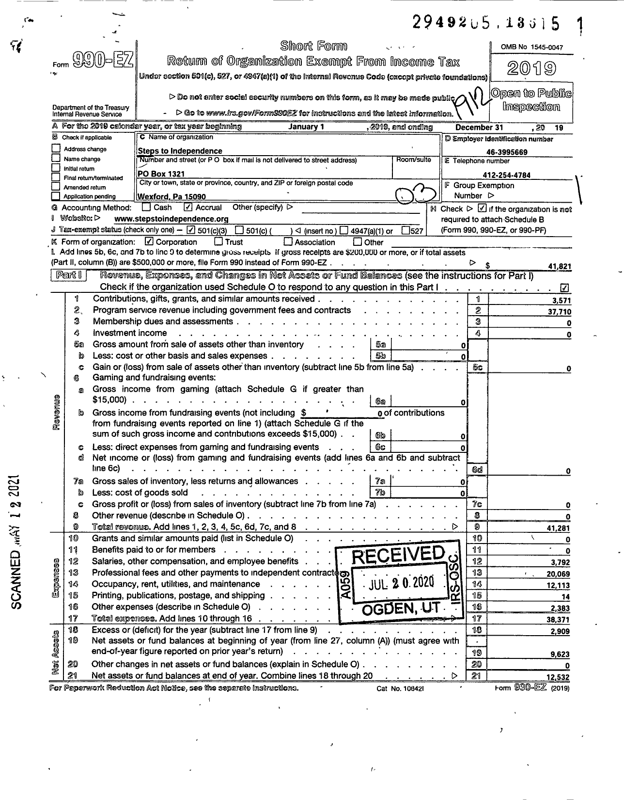 Image of first page of 2019 Form 990EZ for Steps To Independence