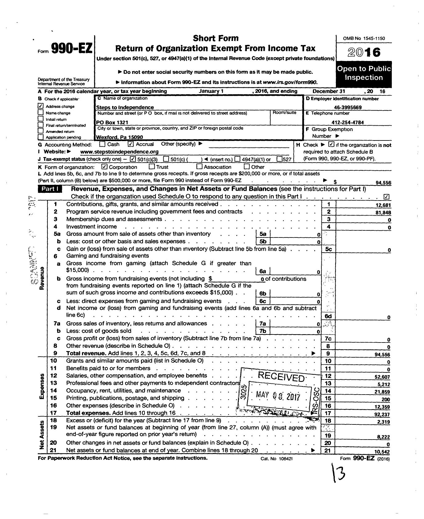 Image of first page of 2016 Form 990EZ for Steps To Independence