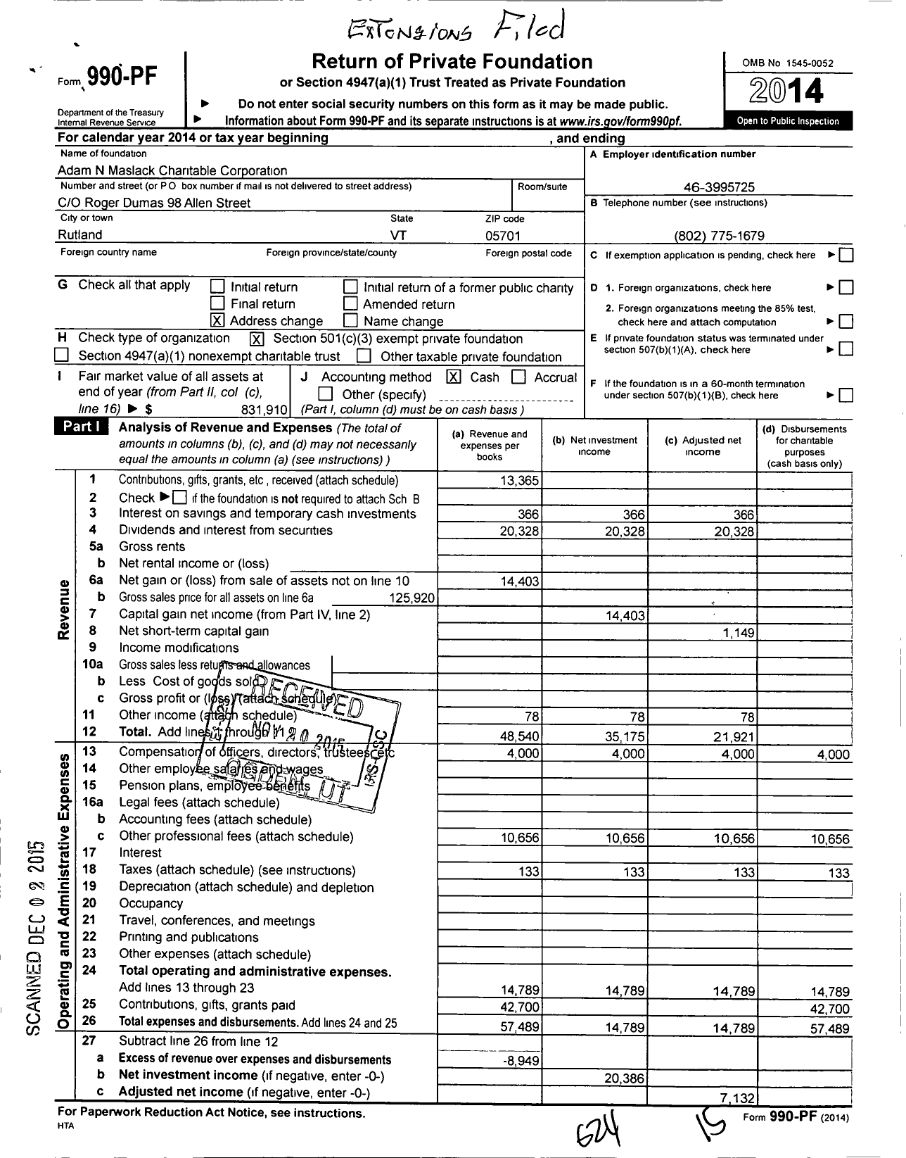 Image of first page of 2014 Form 990PF for Adam N Maslack Charitable Corporation