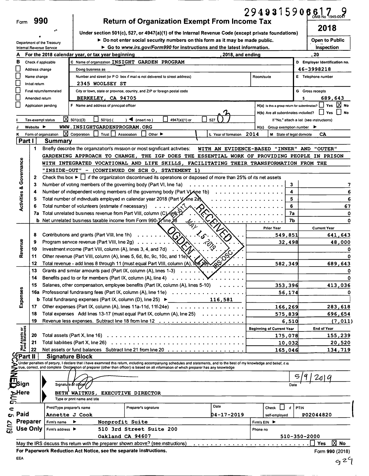 Image of first page of 2018 Form 990 for Insight Garden Program