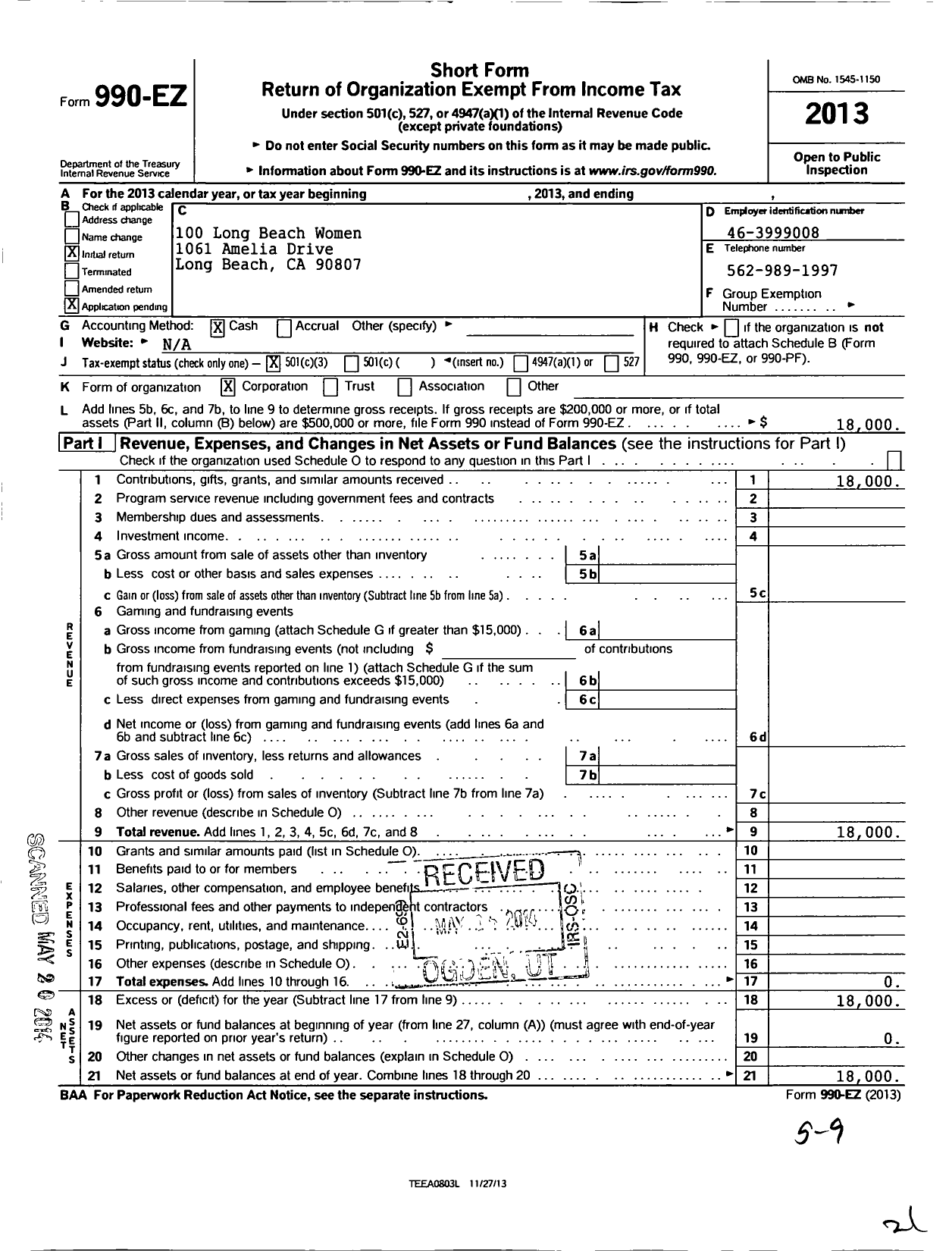 Image of first page of 2013 Form 990EZ for 100 Long Beach Women