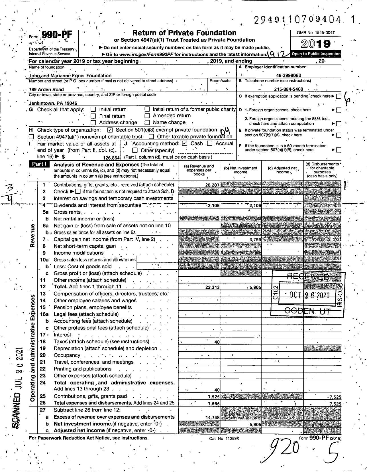 Image of first page of 2019 Form 990PF for The John and Marianne Egner Foundation