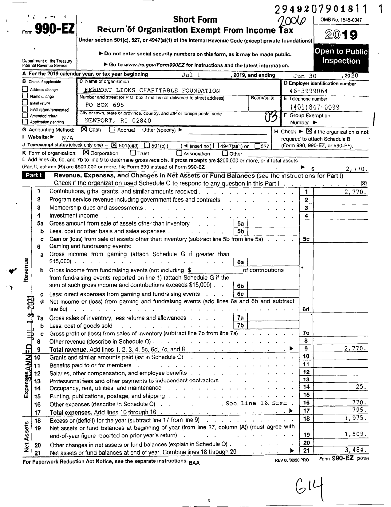 Image of first page of 2019 Form 990EZ for Newport Lions Charitable Foundation