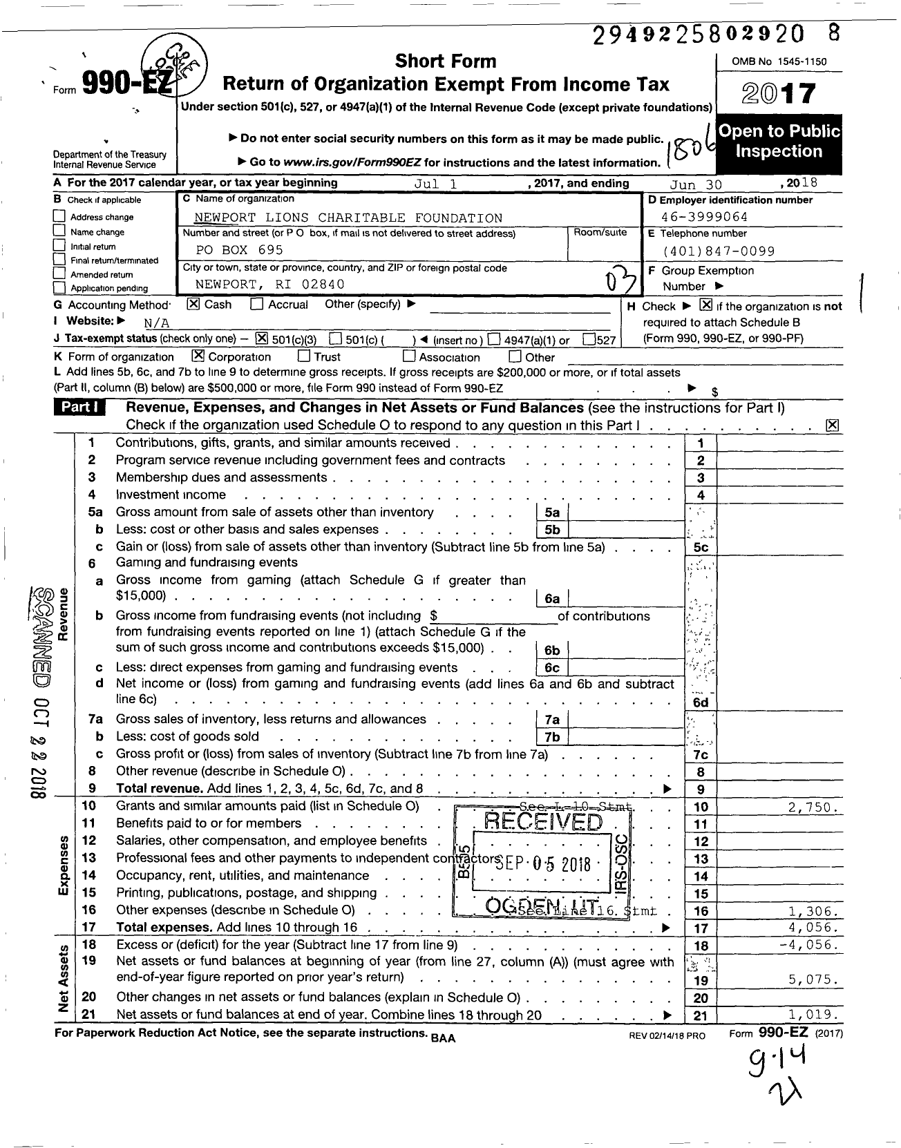 Image of first page of 2017 Form 990EZ for Newport Lions Charitable Foundation